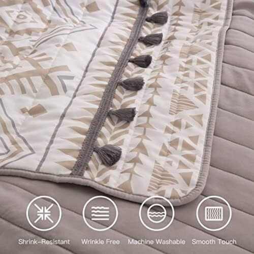 Boho Beige Queen Quilt Set with Tassels 3-Pc 2
