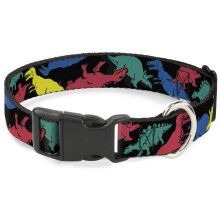 Buckle Down Plastic Clip Collar - Dinosaurs Black/Multi Color - 1.5" Wide - Fits 18-32" Neck - Large
