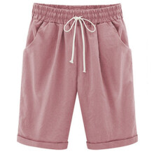 Bermuda feminina de verão, calça casual de algodão, comprimento até o joelho, cintura elástica, cordão e bolsos.