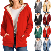 Dames fleecejas, warme, casual winterjas met lange mouwen en capuchon, effen kleur, plus size, wintervest met zakken, pluche jas met capuchon