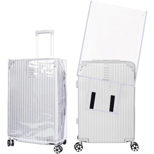 Capa protetora transparente para mala de 28 polegadas, em PVC branco, resistente à água, poeira e arranhões, aprovada para uso.