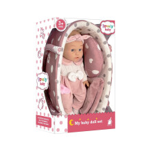 30 cm babydukke i gaveæske med lyserøde klude, sut, 33 x 33 cm mikrostoftæppe og sutteflaske, gave til alderen 3+