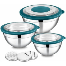 Stainless Steel Mixing Bowls with Lids & Graters, 3-Piece Nesting Set (4.6/2.6/1.5QT), Teal Blue – Compatible with Kitchen Prepping, Serving, Baking