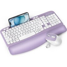 Wireless Keyboard & Mouse Combo, Ergonomic Wave Keys, Palm Rest, Phone Holder, 2.4G for PC, Mac, Windows