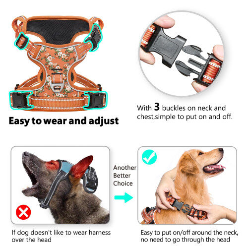HEELE Dog Harness No Pull Release on Neck Reflective Adjustable Dog Harness with Front Back 2 Leash Attachments and Soft Padded Control Handle for 2