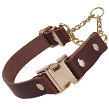 Genuine Leather Half Check Dog Collar, Adjustable Training Collar for Small Medium Large Dogs, No-Pull Limited Slip Choker for Walking