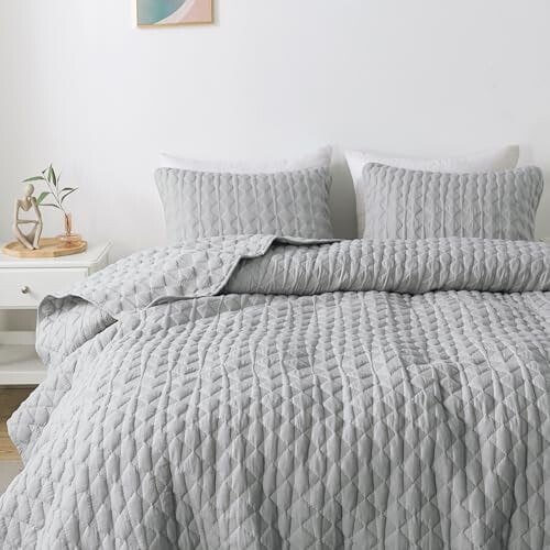 Set copriletto geometrico grigio chiaro, matrimoniale, 3 pezzi 2