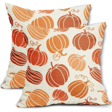Herbstkissenbezüge 45x45 cm, 2er-Set – Kürbismotiv zum Erntedankfest, Blau/Gelb/Orange, für drinnen und draußen, Leinenkissenbezüge im