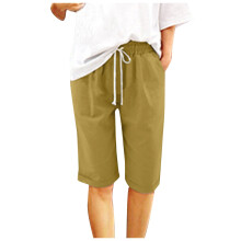 Damen Bermuda-Shorts aus Baumwolle mit elastischem Bund, knielang, mit Kordelzug, Gelb, Größe L