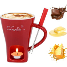 Ceramic Chocolate Hot Pot Cup Set – Portable Fondue Cup for Candle Heating, Multi-Functional Dessert Tool with Fork (Red), Compatible with Standard