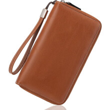 Womens Wallet Leather Bifold RFID Blocking Credit Card Case with Double Zipper Pockets and Wristlet Strap