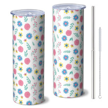 Pioneer Flower Floral 20oz Skinny Tumbler mit Strohhalm und Deckel, doppelwandig vakuumisoliert, auslaufsicher, passend für Getränkehalter, hält