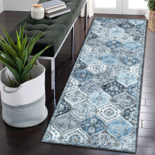 2 x 6 Floral Trellis Area Rug for Living Room, Bedroom, Vintage Persian Indoor Accent Rug, Soft Washable Carpet for Home Decor Blue