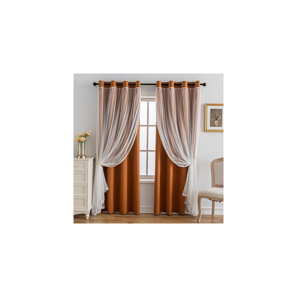 Home Curtains Blackout and Sheer Layered Solid Window Curtain Panel Pair with Grommet Top, 52Wx84L,Orange