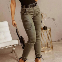 lulshou Cargo Broek voor Dames, Modieuze Casual Broek met Lage Taille en Knoopsluiting, Werkbroek, Effen Kleur, Sportieve Skinny Broek met Zakken