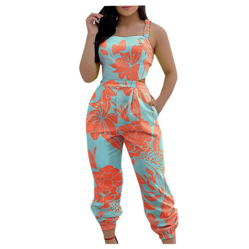Macacão cargo feminino com estampa e suspensórios 2025 Macacão casual laranja