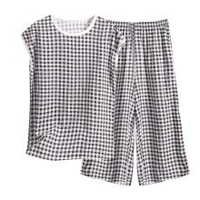 Dames nachtkleding in grote maten, 2-delige set: tanktop met levendige print en ronde hals + comfortabele, elastische capribroek voor dagelijks