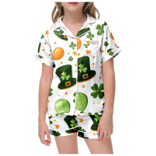 Conjunto de pijama infantil de 2 piezas a cuadros para el Día de San Patricio, manga corta y pantalón corto, verde oscuro, talla 8-9 años.