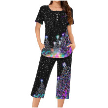 Dameskerstpyjamaset – Losse pasvorm, rendierprint, top met korte mouwen en 7/8 broek, comfortabele feestkleding om in te slapen en te loungen,