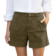 Calça casual feminina, shorts femininos, shorts femininos da moda para o verão, lisos, plissados, cintura alta, com bolsos e botões, verde