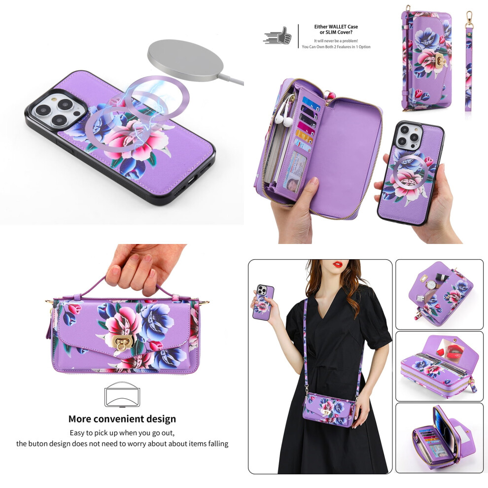 Compatible With Iphone 14 Pro Max Crossbody Wallet Case Â Magsafe, Rfid Blocking, Flower Pu Leather, Purple 9193271601968
