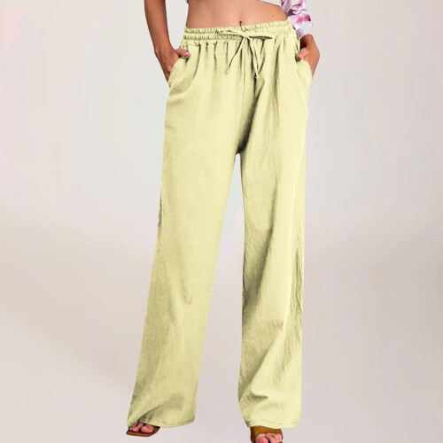 Γυναικείο παντελόνι casual με φαρδιά κορδόνια - 60% βαμβάκι 40% λινό, αναπνεύσιμο, 1