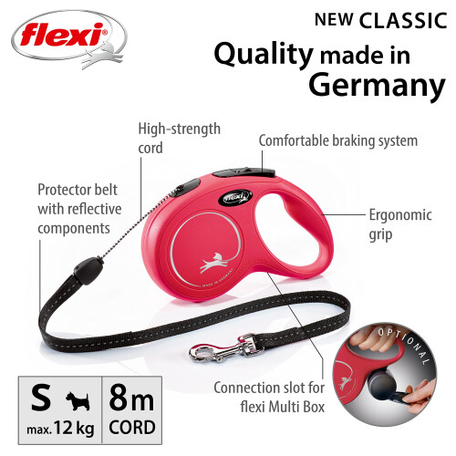 flexi flexi New Classic Cord Retractable Lead Red Small 8m 12kg 1