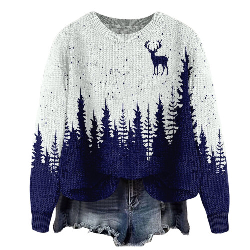 Damen-Pullover, Rundhalsausschnitt, lange Ärmel, Oversize-Schnitt, Herbstpullover, Blau, Größe M