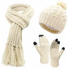 Winterse wollen fleece gebreide muts met pompon, warme lange neksjaal en touchscreen handschoenen set, cadeau voor vrouwen, winterkleding