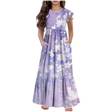 Vestido de verano para niña de manga corta, cuello redondo, diseño con bolsillo estampado, cómodo para uso diario (morado, talla 10-11 años)