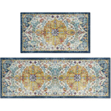 2-Pc Boho Kitchen Rug Set, Vintage Floral Non-Slip Washable Runner Mats (17x30"+17x47"), Yellow