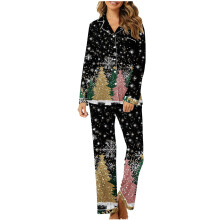 Women's 2-Piece Christmas Pajama Set – Long Sleeve Button-Up Top w/ Pocket + Elastic Waist Pants, S-2XL, compatible with holiday gifting
