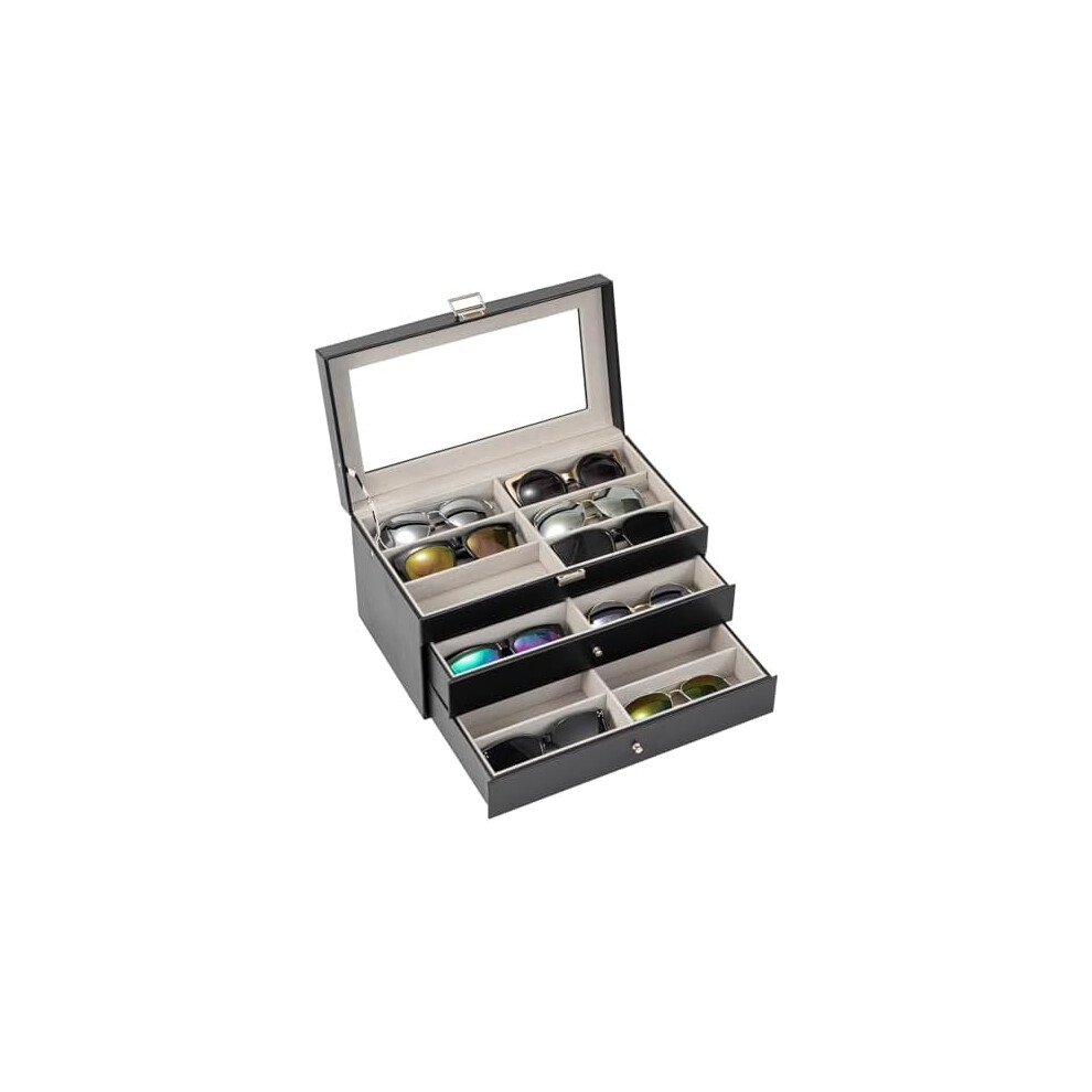 3-Layer Leather Sunglasses Organizer Box, 18 Slots, Compatible with Most Sunglasses, Black