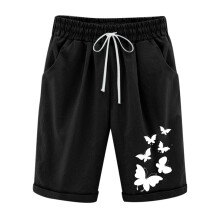 VERUGU Shorts für Damen, Sommer, bedruckt, Fünf-Punkte-Design, große Größen, Baumwoll-Leinen-Hose, Freizeithose, Shorts, Schwarz, XXL