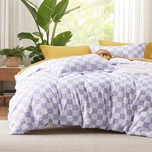 Housse de couette réversible à carreaux, format king, 3 pièces, violette, avec fermeture éclair, 8 attaches aux coins et 2 taies d'oreiller (51 x