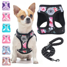 BEAUTYZOO Step in Dog and Cat Harness and Lead Set - Floral Pattern - Reflective - No Pull or Choke - for Dogs and Cats - Soft Padded Mesh Harness for