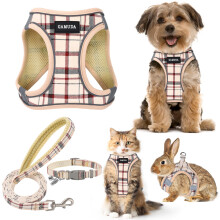 Small Pet Harness Collar and Leash Set, Step in No Chock No Pull Soft Mesh Adjustable Dog Vest Harnesses Plaid Reflective for Dogs Puppy and Cats