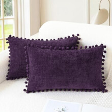 Housses de coussin décoratives 50 x 30 cm (2 pièces), housses de coussin en chenille violet prune avec pompons, compatibles avec des coussins de 50