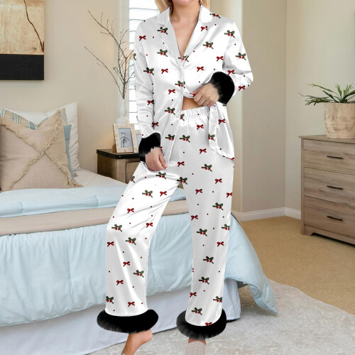 Dame flannel pyjamassæt med sløjfeprint, 2 dele 1