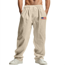 Pantaloni kaki casual pentru bărbați cu imprimeu cu steagul american, talie elastică și buzunare – Compatibili cu stilurile de primăvară/vară