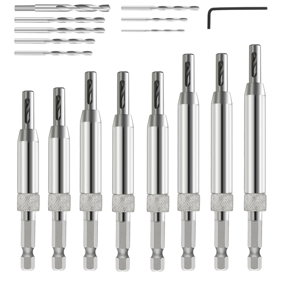 17Pcs Vix Self-Centering Drill Bit Set, 1/4" Hex Shank For Woodworking Hinges, Includes Hex Key & 8 Bits (5/64"-1/4") 9152228177543