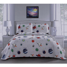 Couvre-lit d'été 3 pièces sur le thème de l'espace pour enfants (taille simple), couverture légère, motif planète, gris et blanc.