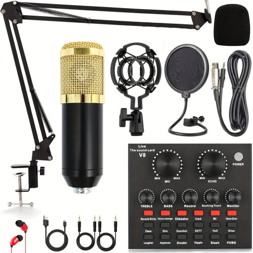 Σετ podcast με μικρόφωνο συμπυκνωτή BM800 με θύρα ήχου και ακουστικά – Συμβατό με PC/Mac