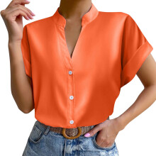 YOUSNH Hauts de sport à manches courtes et col en V pour femmes, T-shirts décontractés, blouses tendance 2024, orange, taille XL