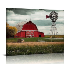 Tableau sur toile style grange – Moulin à vent noir et rouge, décoration rustique champêtre, affiche de paysage vintage pour salon, chambre,