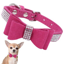 Small Dog Collar Puppy With Rhinestone Bow Knot Crystal Diamond Colorful Bling Girl Puppy Cat Collars Rose M