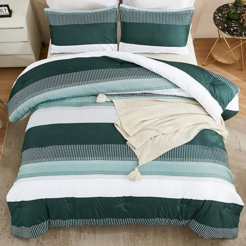 Emerald Green Comforter Set Full 3-Piece Vintage Stripe 1