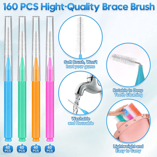 160 Pcs Interdental Brushes for Braces, 4 Sizes, Soft & Bendable – Compatible with Braces 1