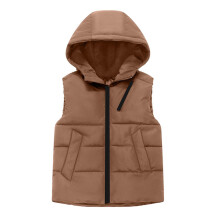 Colete infantil liso com capuz, forrado e sem mangas – agasalho quente para outono/inverno para meninos e meninas de 3 a 11 anos (marrom, tamanho