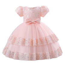 Prinsessenjurk van tule voor baby- en peutermeisjes, korte mouwen, kanten jurk met strik en mesh, roze. Een perfect verjaardagscadeau.